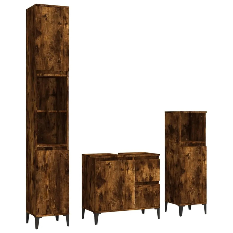 vidaXL 3-tlg. Badmöbel-Set Modell 6 aus Holzwerkstoff in Räuchereiche, bestehend aus Waschbeckenunterschrank, Standschrank (S) und Standschrank (L) in Braun - Bild 2