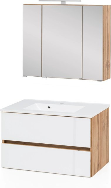 Held Möbel Waschtisch-Set Pisa 2-tlg. in Weiß und Wotaneiche mit Mineralgussbecken und Spiegelschrank, Breite: 80 cm - Bild 1