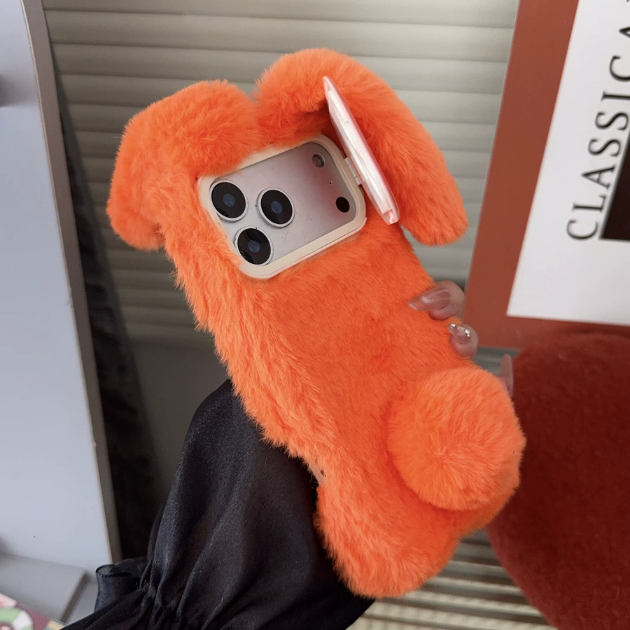 Flauschige Plüsch-Schutzhülle mit Kaninchen-Design für Apple iPhone in Orange mit faltbarer Halterung und Kameraschutz - Bild 2