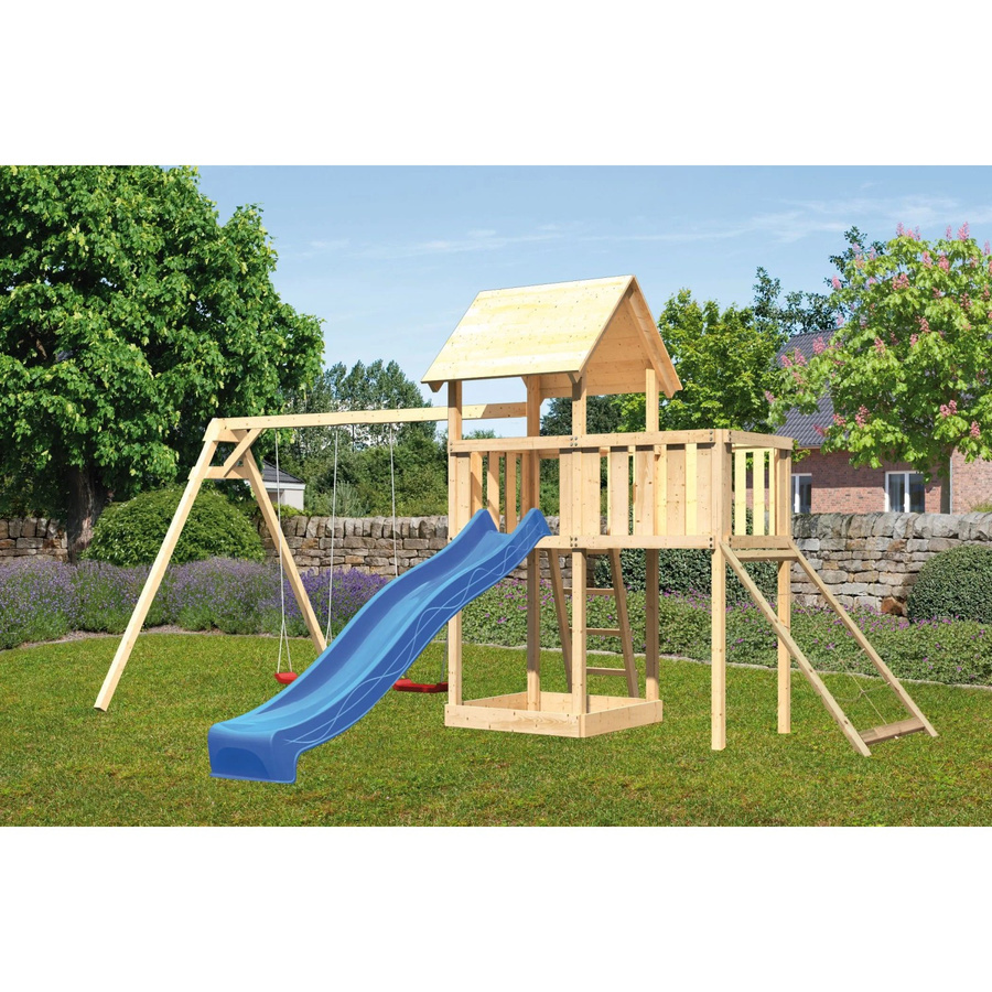 Karibu Spielturm Lotti mit Doppelschaukel, Anbauplattform, Netzrampe und Rutsche in Blau - Bild 2