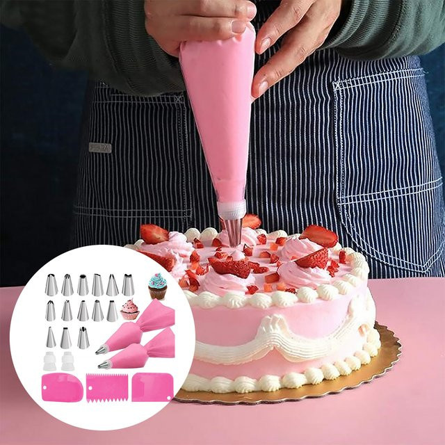 Wiederverwendbares Spritzbeutel-Set aus Silikon mit Edelstahl-Spritzdüsen in Pink zum Dekorieren von Kuchen und Gebäck - Bild 1