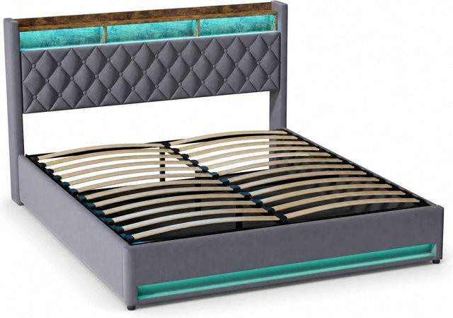okwish Polsterbett mit LED-Beleuchtung und USB-Steckdosen in Grau, B/T/H: 180 x 200 x 117 cm - Bild 1