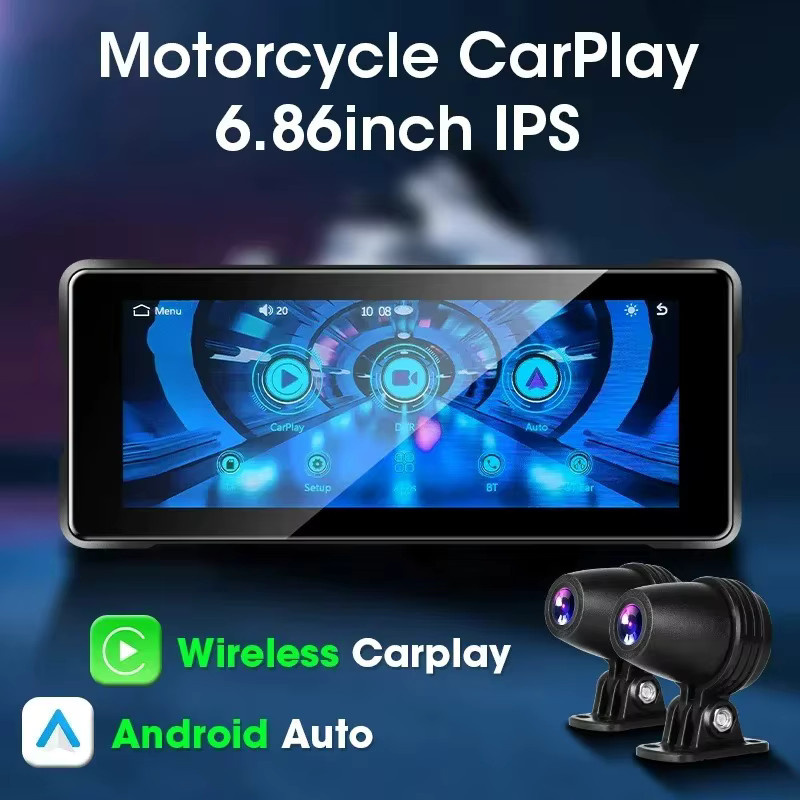 Srnubi Motorrad Dash Cam mit 6.86 Zoll Display, GPS, Wireless CarPlay und Android Auto, Dual Kamera vorne und hinten, IP67 wasserdicht, Schwarz - Bild 2