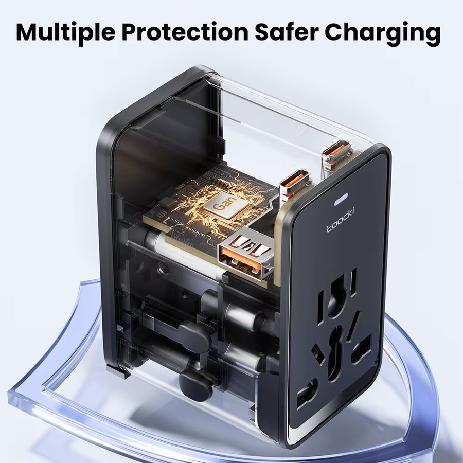 Toocki 75W GaN Internationaler Reiseadapter in Schwarz mit 3 USB-C und 1 USB-A Anschlüssen für EU, US, UK und AUS - Bild 6