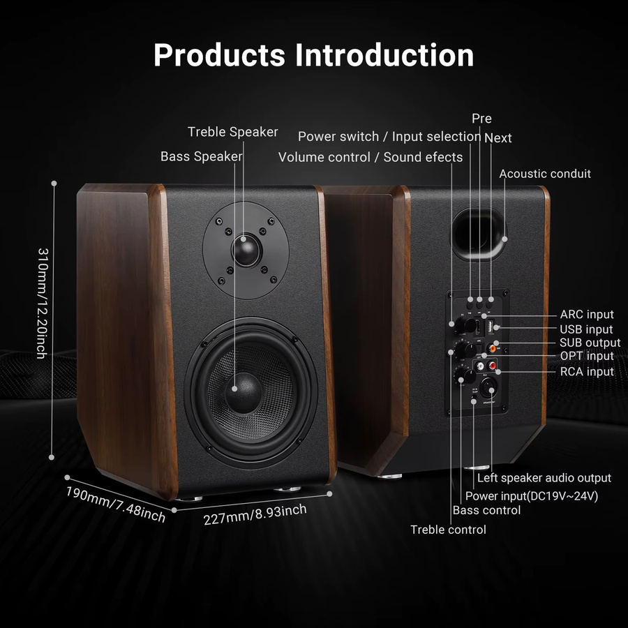 AIYIMA S700 Aktive Regallautsprecher mit Bluetooth, 120 W HiFi Sound System, Holzoptik in Braun - Bild 2