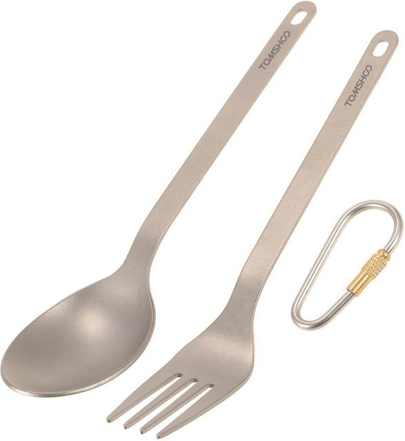TOMSHOO Titan Besteckset mit Gabel und Löffel in Beige inklusive Aufbewahrungssack und Karabiner - Bild 1