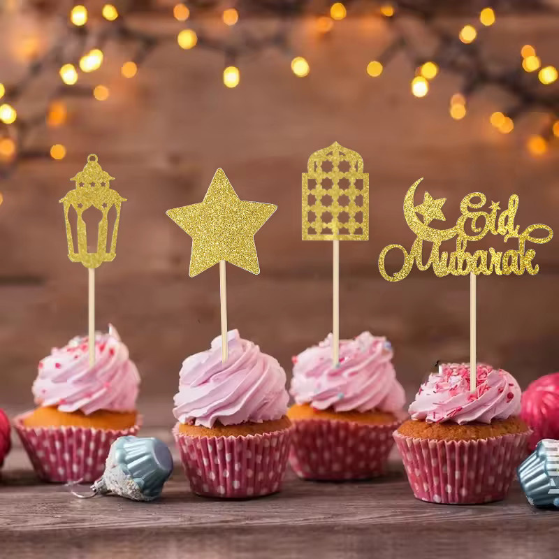 ZQNYCY Eid Mubarak Cupcake Topper mit Mond, Sternen und Laternen für Ramadan und islamische Partys, Gold und Multicolour - Bild 3