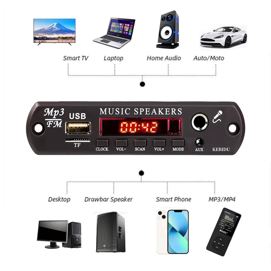 KEBIDU 60W Bluetooth 5.3 Verstärker MP3 Decoder Board mit FM, AUX, TF und Mikrofon, Schwarz - Bild 3