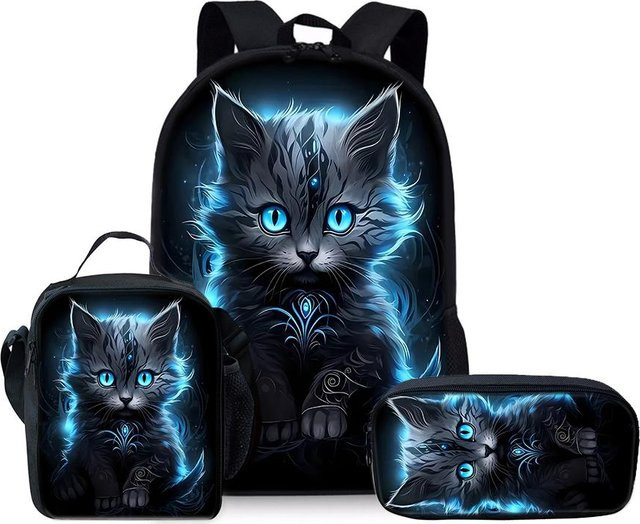 BAOERYE Dreiteiliges Schulset mit Rucksack, Brotdose und Federmäppchen im 2D Cartoon Katzen-Design, Schwarz - Bild 1