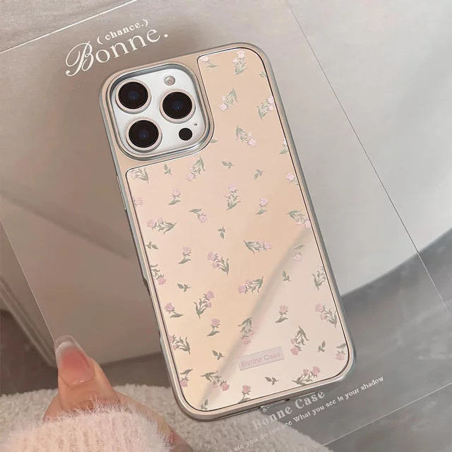 Stoßfeste iPhone Handyhülle mit rosa Blumenmuster und integriertem Make-up Spiegel für iPhone 16 15 14 13 Pro Max - Bild 1