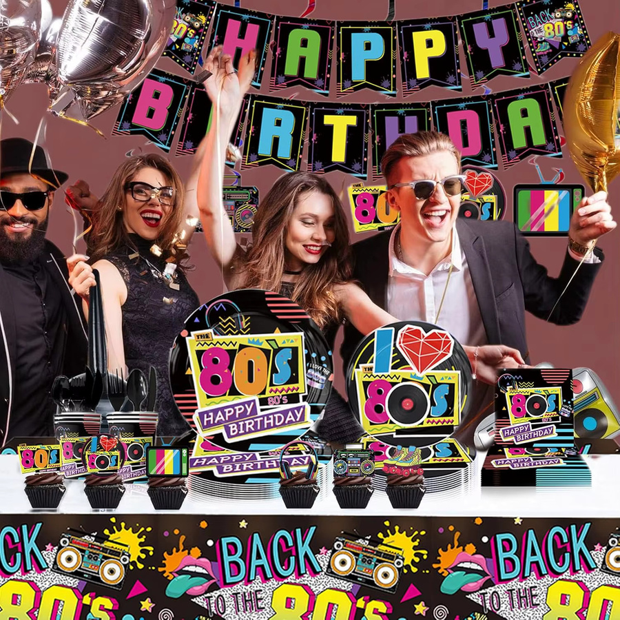 EsenTroye 80er Jahre Party Dekoration Set für Erwachsene in Multicolour mit Tischdecke, Banner, Kuchen Topper und Ballons im Retro Design - Bild 2