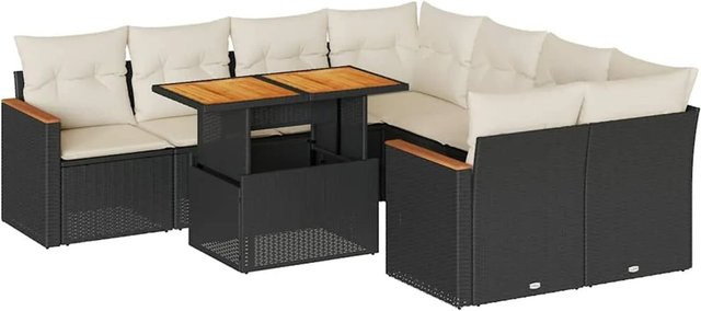 vidaXL 9-teilige Garten-Sofagarnitur aus Poly-Rattan und Akazienholz in Schwarz-Creme mit Kissen - Bild 1
