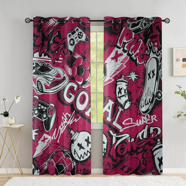 Cartoon Gamepad Verdunkelungsvorhänge mit Graffiti-Videospiel-Design, 2er-Set, Farbe: Pink, Breite: 55 cm, Höhe: 120 cm - Bild 1