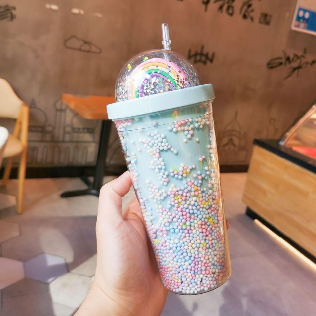 Super Six Regenbogenbecher mit Strohhalm und Deckel, Doppelwandiger BPA-freier Polymer-Trinkbecher in White, 550 ml - Bild 1