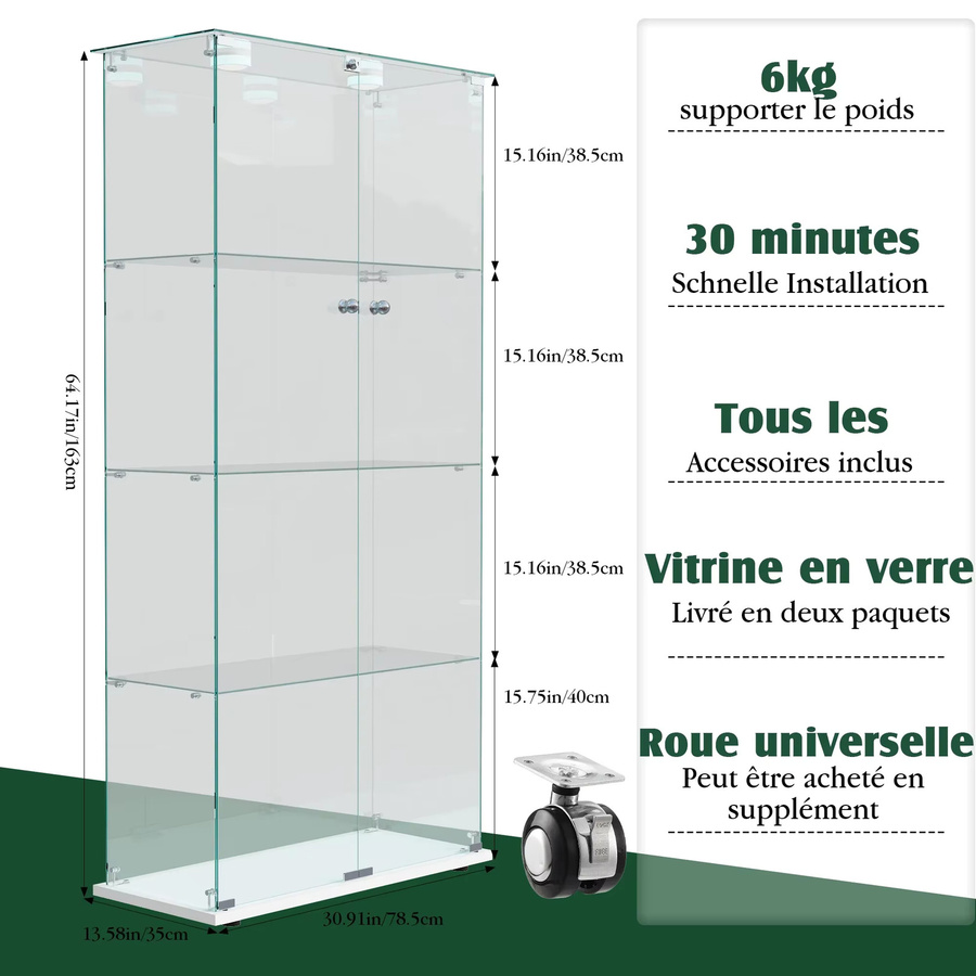 Rosahqnda Glasvitrine mit LED-Beleuchtung, transparente Möbelvitrine mit 2 Glastüren und 4 Regalen, modern und glänzend - Bild 2