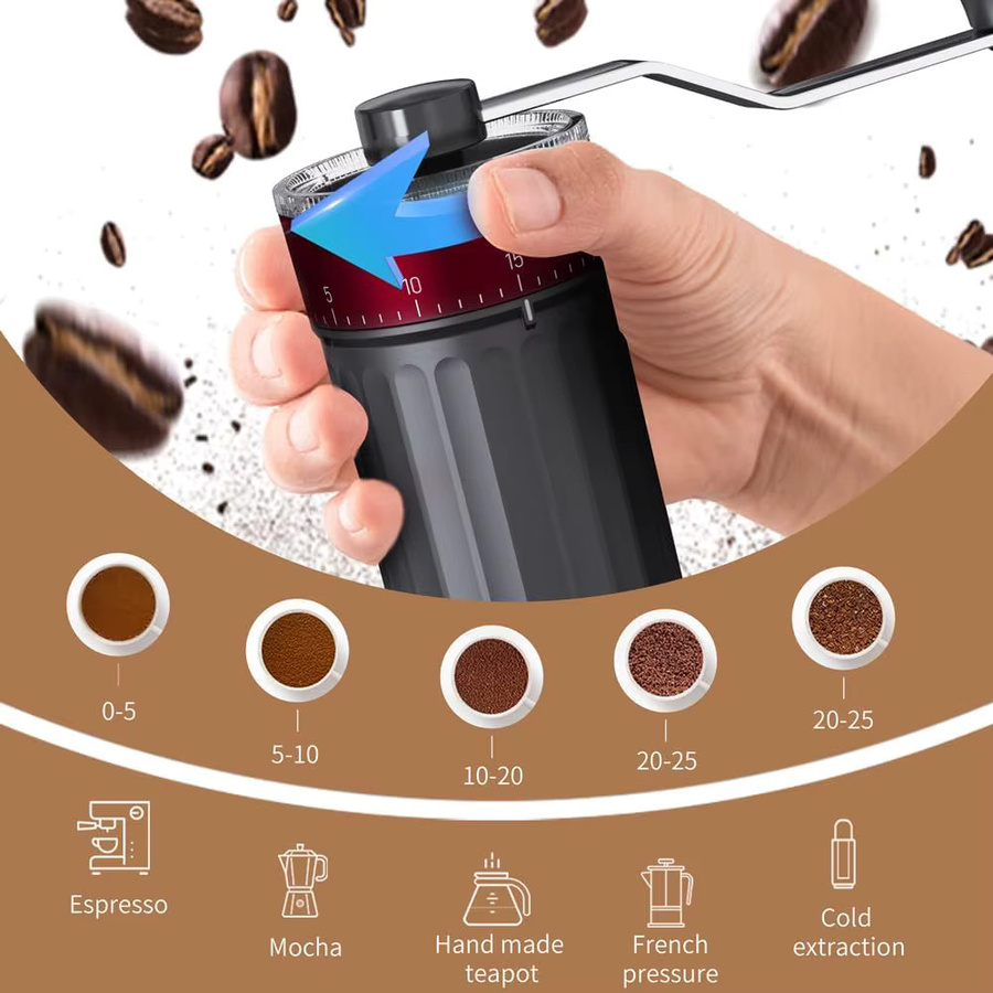 Manuelle Kaffeemühle von FEB.WIND in Schwarz mit 40 externen Mahlgrad-Anpassungen für Espresso, French Press und Camping - Bild 2