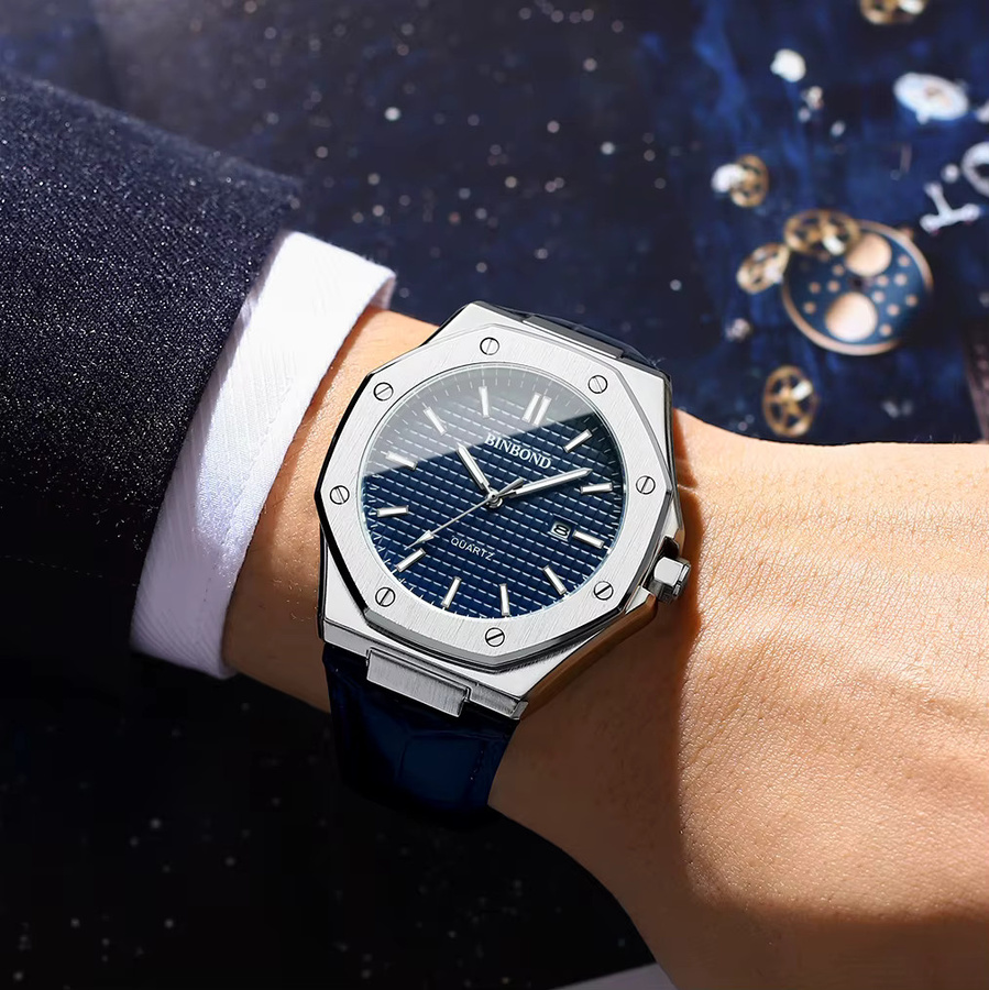 BINBOND Armbanduhr Quarz, Edelstahl, Leder, Blau, Herren - Bild 3