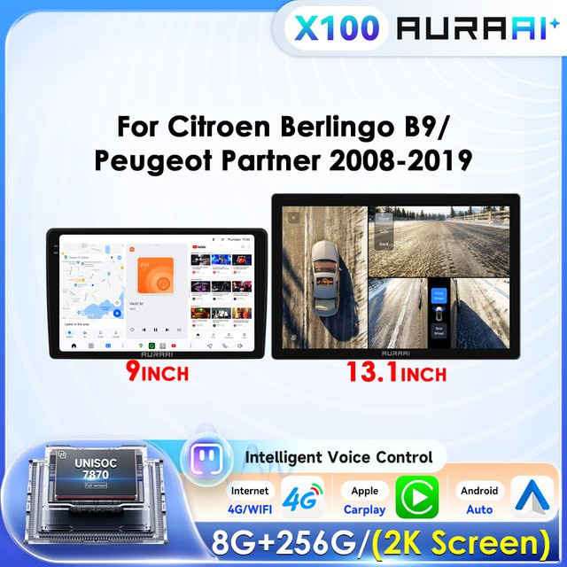 AURAAI Intelligenter GPS Multimedia Autoradio-Player für Citroen Berlingo B9 und Peugeot Partner 2008-2019 mit 360-Grad-Kamera und Stereo in Schwarz - Bild 1
