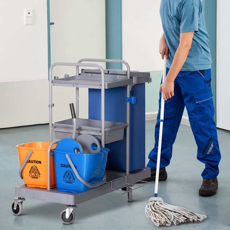 HOMCOM Reinigungswagen mit 3 Ebenen und Presse, 2x18l Eimer und Abfallsack in Grau, Blau oder Orange - Bild 2