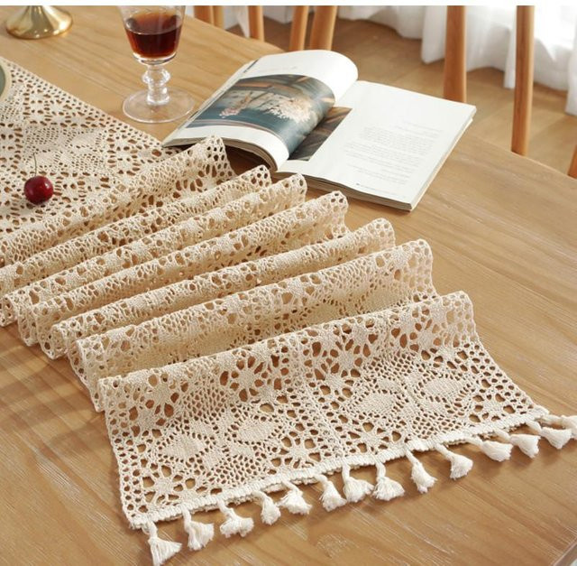Böhmischer Tischläufer WTEMPO in Beige mit Quasten und Spitze, B/H: 30 x 350 cm - Bild 1