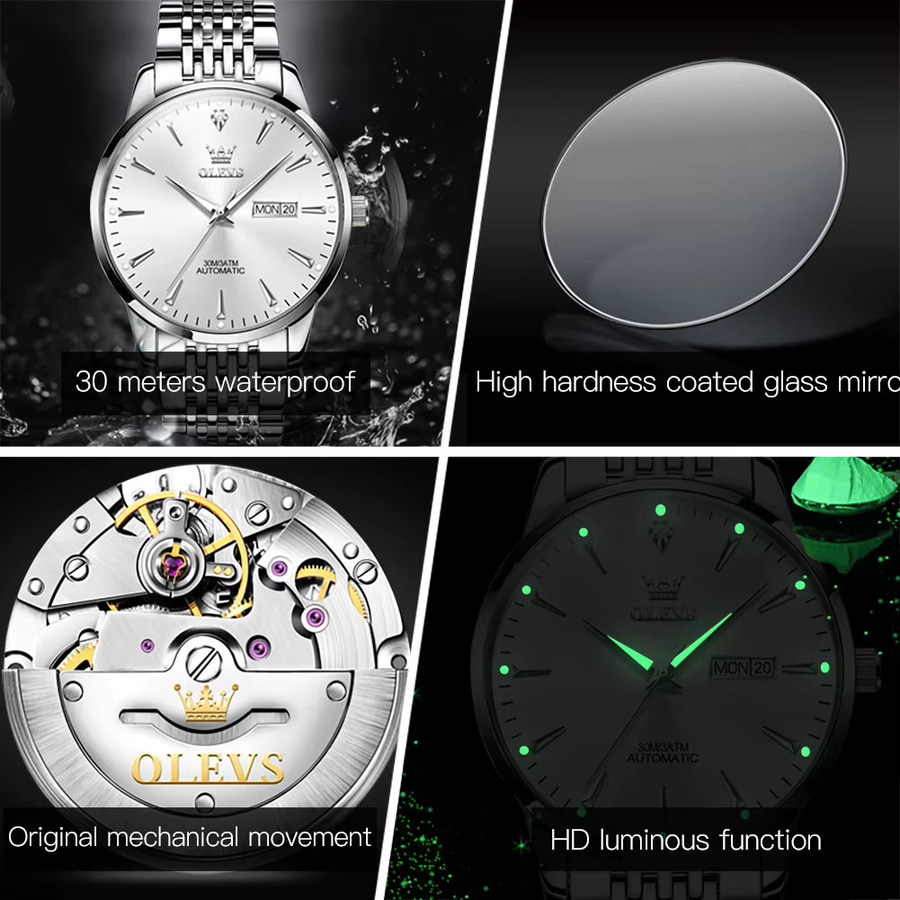 OLEVS Armbanduhr Automatik, Edelstahl, Silber, Weiß, Unisex - Bild 5