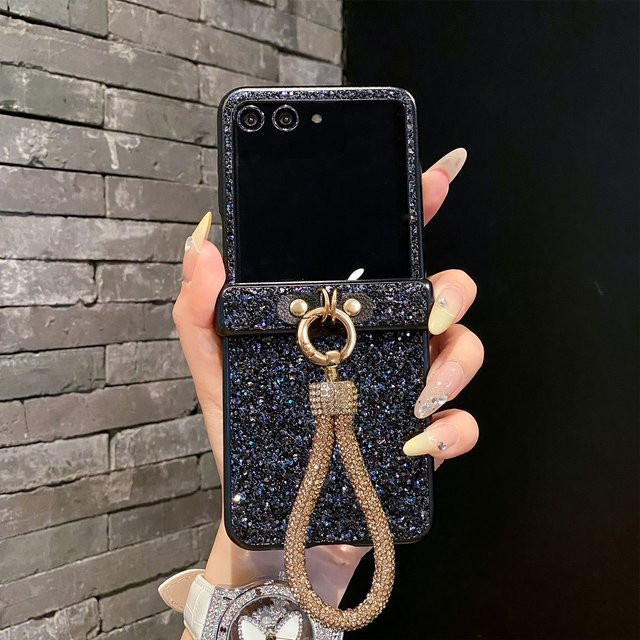 Glänzende Kunstdiamant-Strass-Schutzhülle mit Schlüsselband für Motorola Moto Razr 50 60 70 Ultra, Schwarz, 3-teiliges Set - Bild 1