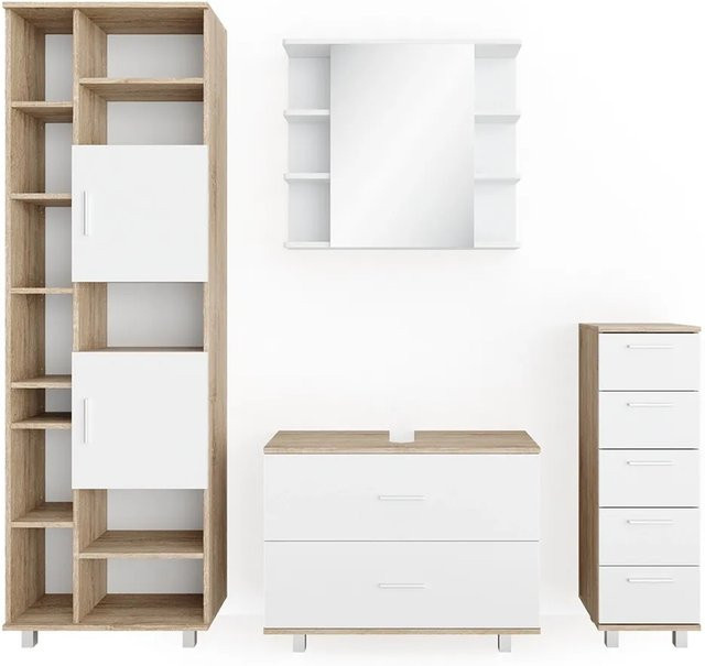 Vicco Badmöbel Set Ilias in Weiß und Eiche bestehend aus Spiegel, Kommode, Unterschrank und Badschrank - Bild 2