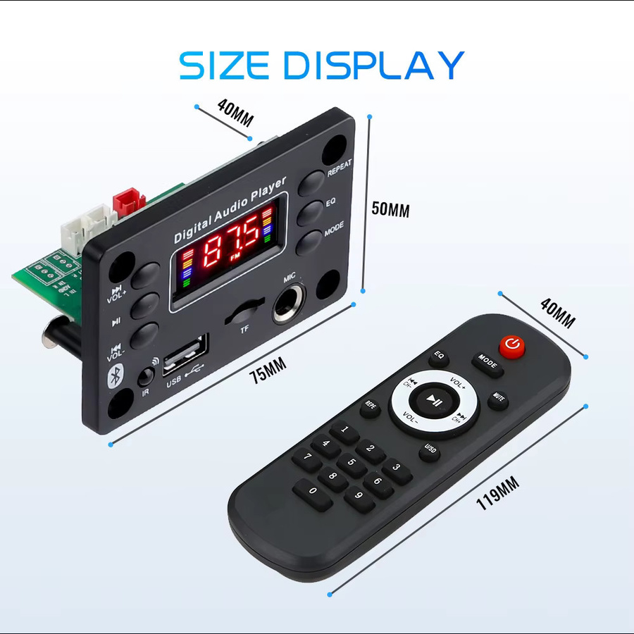 Kebidu 50W Bluetooth MP3 Decoder Board mit FM Radio, USB, TF und Mikrofon für Auto Lautsprecher, Schwarz - Bild 6