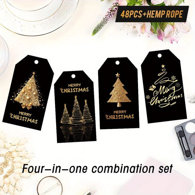 48 Stück Weihnachtsgeschenkanhänger in Schwarz und Gold mit Baumdesign und Hanfseil aus Papier - Bild 1
