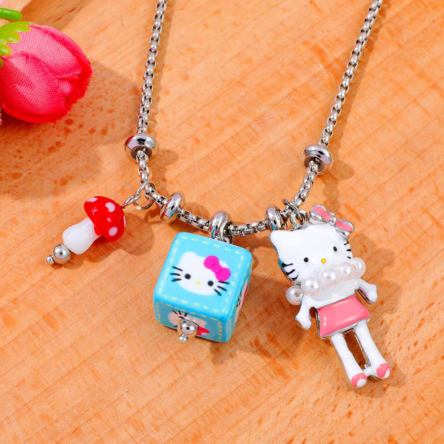 Bandai Halskette mit Katzen-Anhänger, Pilz- und Quadrat-Charms, Silber, Kinder - Bild 2