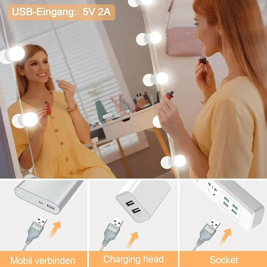 KDULIT LED Wandleuchte für Make-up Spiegel, dimmbar, USB-Ladefunktion, Weiß - Bild 3