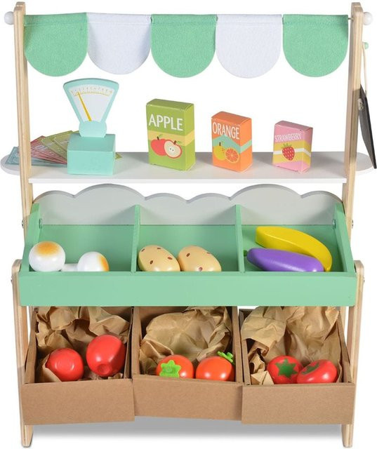 Moni Kinder Marktstand 4425 aus Holz in Grün mit Supermarkt-Zubehör und Einkaufsliste, Höhe: 50 cm - Bild 1