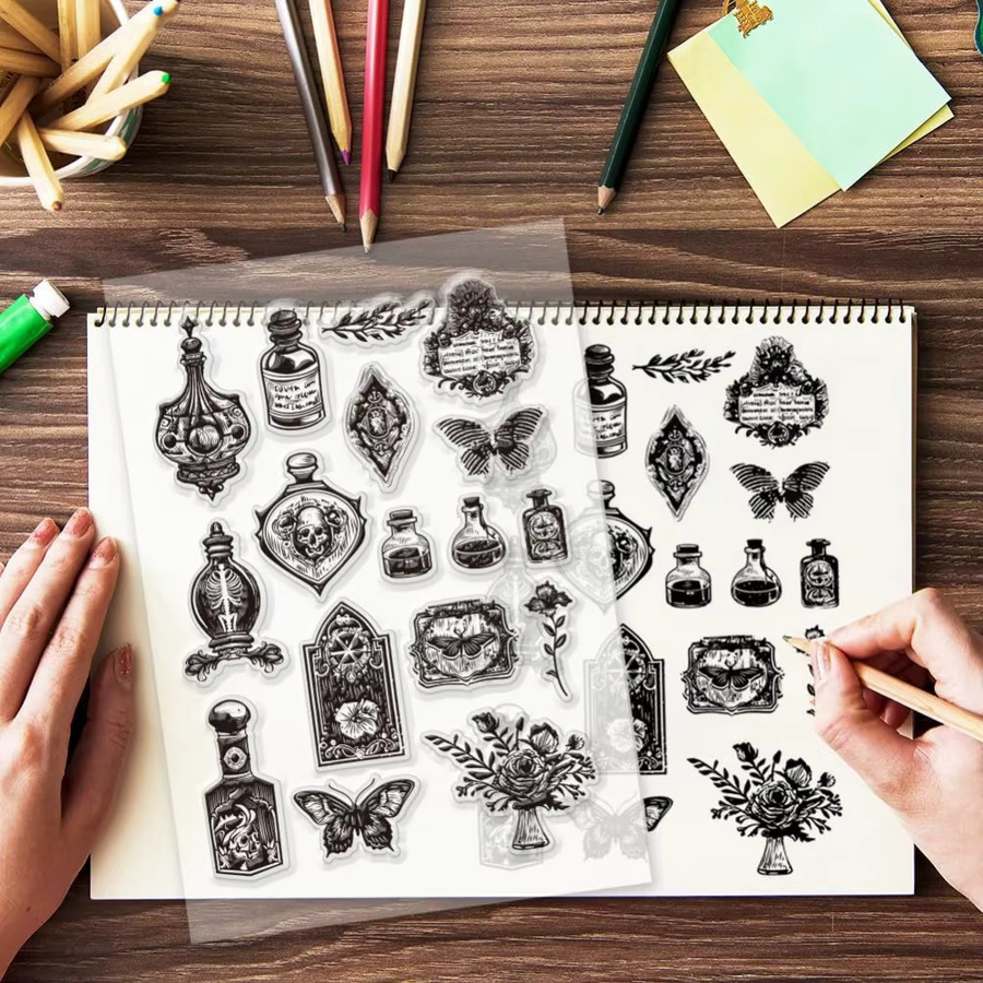 Transparente Silikonstempel mit Pflanzen-Motiv im Vintage-Stil für Flaschenetiketten, Kartenherstellung und Fotoalben - Bild 4