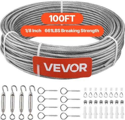 VEVOR Edelstahl Drahtseil aus Edelstahl 304 in Silber, Durchmesser: 3,2 mm, Länge: 30,5 m - Bild 1