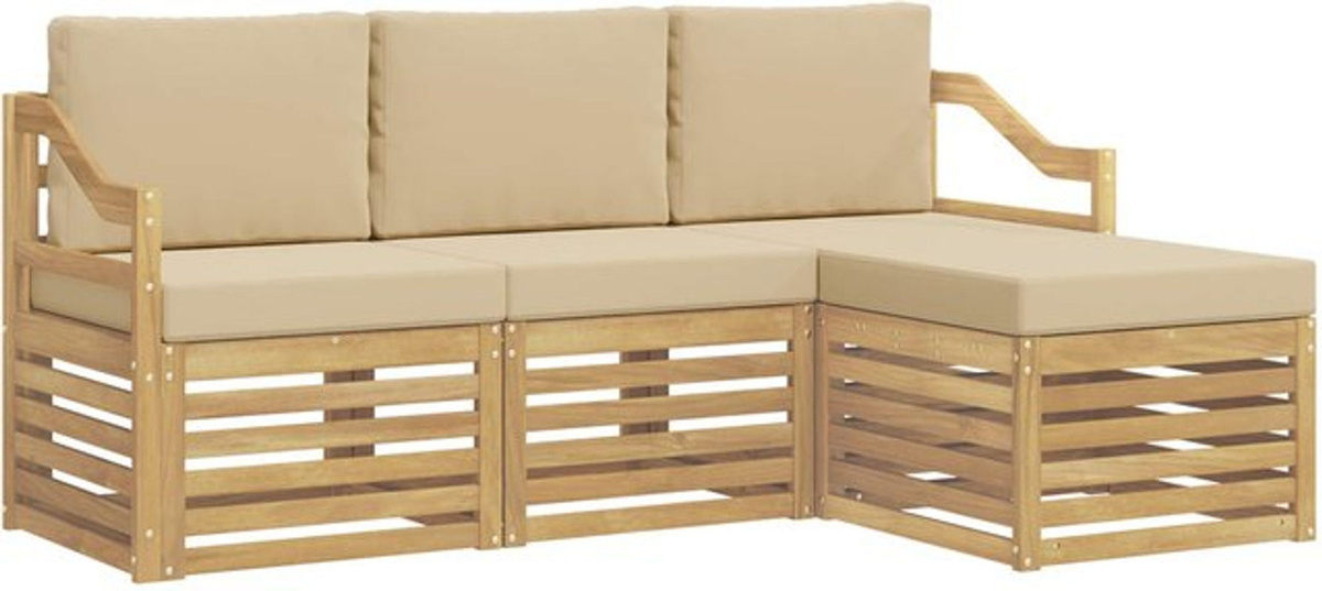vidaXL Outdoor-Sofagarnitur aus Akazienmassivholz mit 4 Polsterteilen in Weiß und Beige aus Polyester - Bild 1