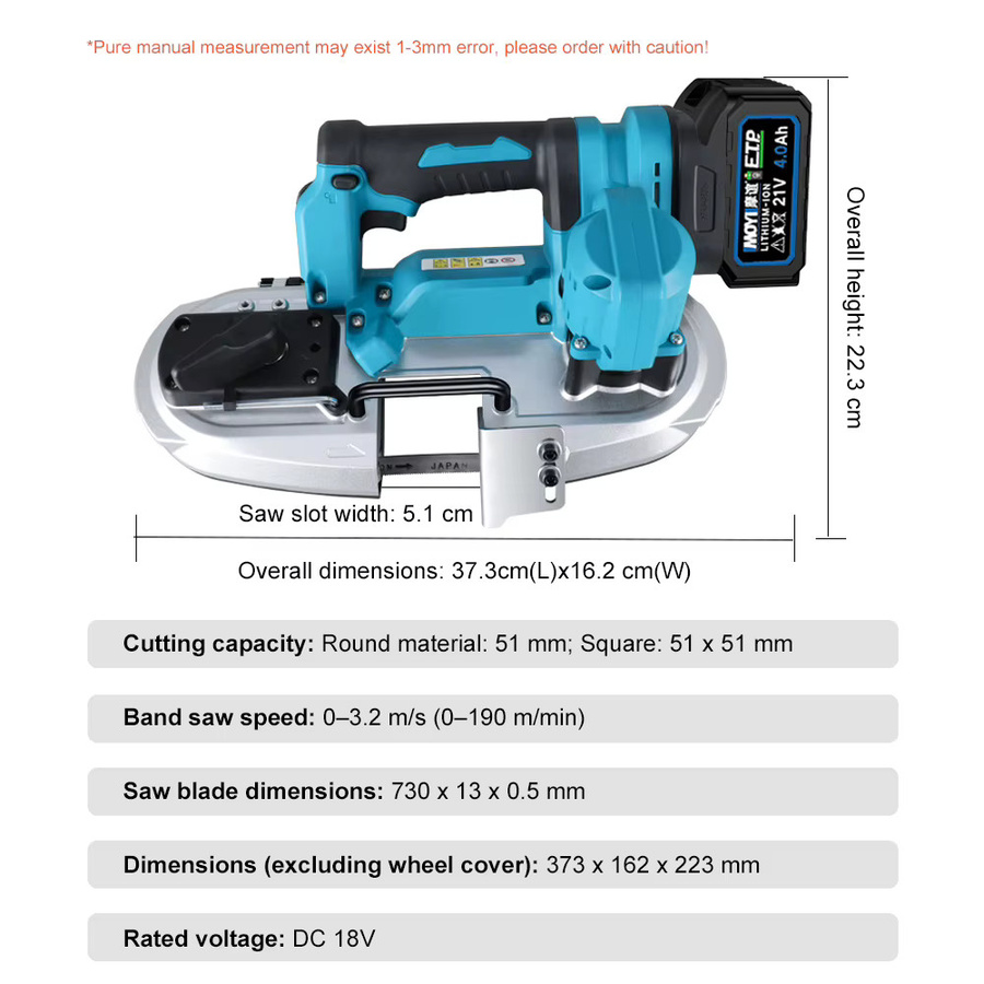 WUIETI Kabellose bürstenlose tragbare Bandsäge in Blau mit 5+1 variablen Geschwindigkeiten und LED-Licht für Metall und Holz - Bild 2