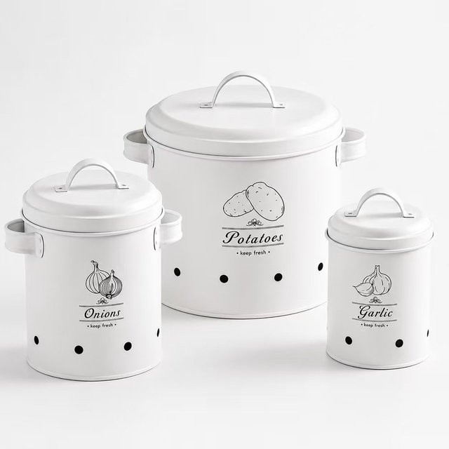 SAEIV 3-teiliges Kartoffel-Aufbewahrungsbox-Set aus Metall in Weiß zur Aufbewahrung von Kartoffeln, Zwiebeln und Knoblauch mit Belüftungslöchern - Bild 1