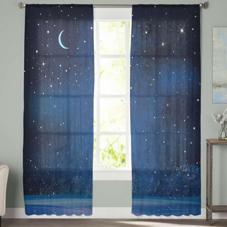 Transparentes Tüllvorhang mit Sternenhimmel Mond und Sternen Motiv von Household supplies MH, Chiffon Voile für Wohnzimmer, Küche oder Schlafzimmer, Breite: 100 cm, Höhe: 250 cm - Bild 3