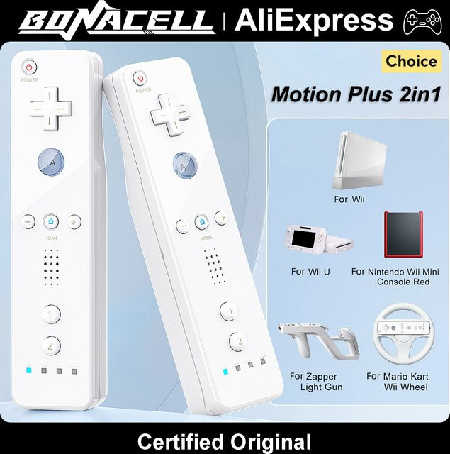 Bonacell 2in1 Gaming Controller für Nintendo Wii und WiiU Konsole, Wireless Gamepad Fernbedienung mit Joystick, Rot/Weiß - Bild 1