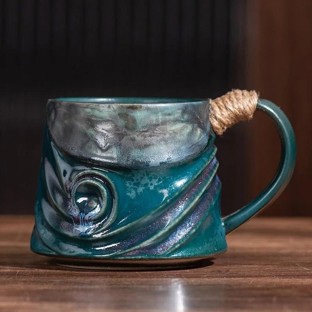 Bestbags Keramikbecher mit kreativem Spiraldesign und Hanfseil, 320 ml, in Weiß, Grün oder Blau - Bild 1