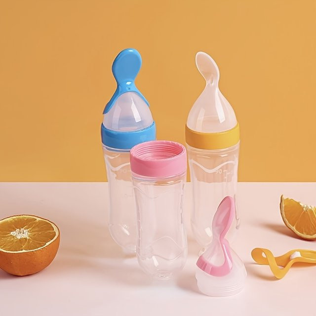 Multifunktionale Silikon-Flasche mit Löffel und Ständer in Gelb und Multicolour, 90 ml - Bild 1