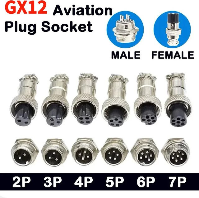 5er Set GX12 Luftfahrt Stecker Set aus Metall in Silber mit 2 bis 7 Pin Optionen für Panel Mount als Männlich-Weiblich Adapter - Bild 1