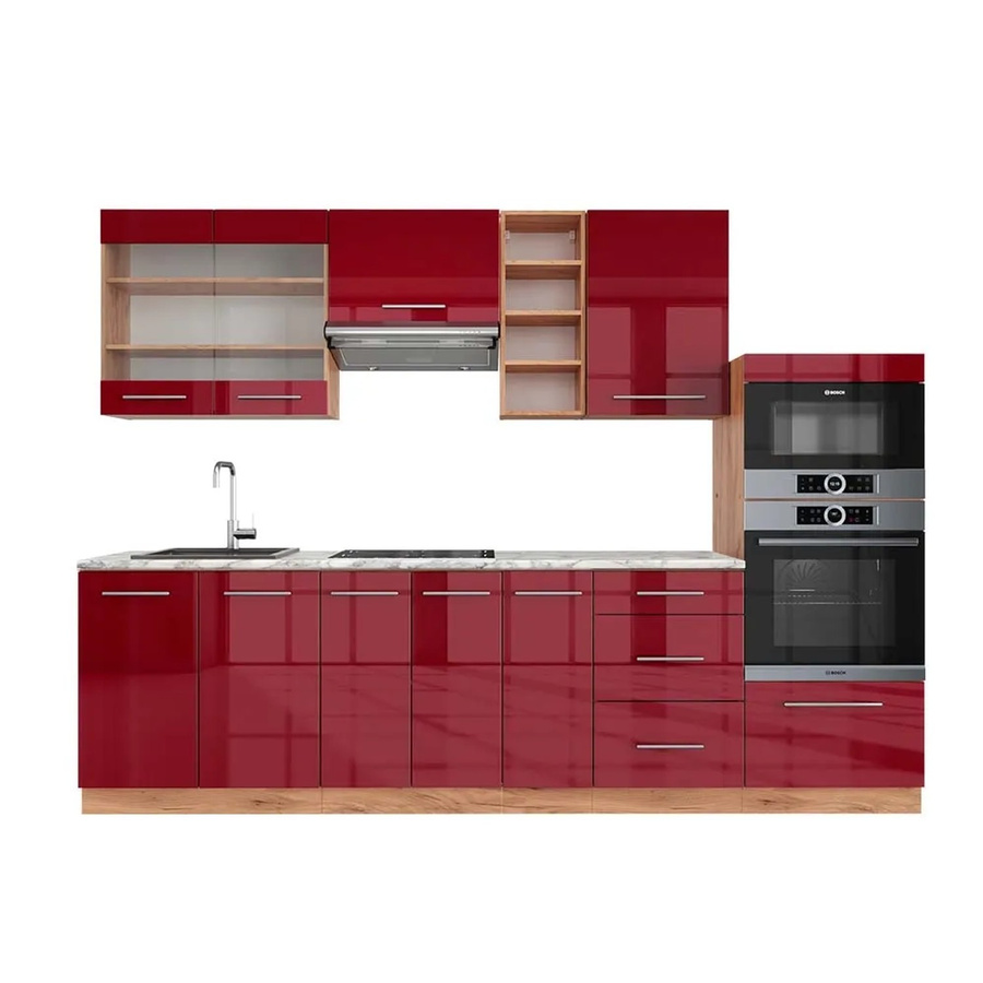 Vicco Fame-Line Küchenzeile Bordeaux Hochglanz und Goldkraft Eiche mit Marmor-Optik, Breite: 280 cm - Bild 2