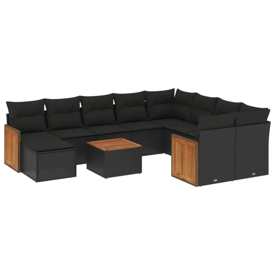 vidaXL 11-teilige Garten-Sofagarnitur aus Poly-Rattan und Akazienholz in Schwarz mit Kissen - Bild 2