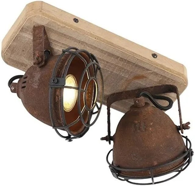 QAZQA Gina Industriestrahler aus Stahl und Holz in Rostbraun, dimmbar und kippbar mit 2 GU10 Leuchten - Bild 1