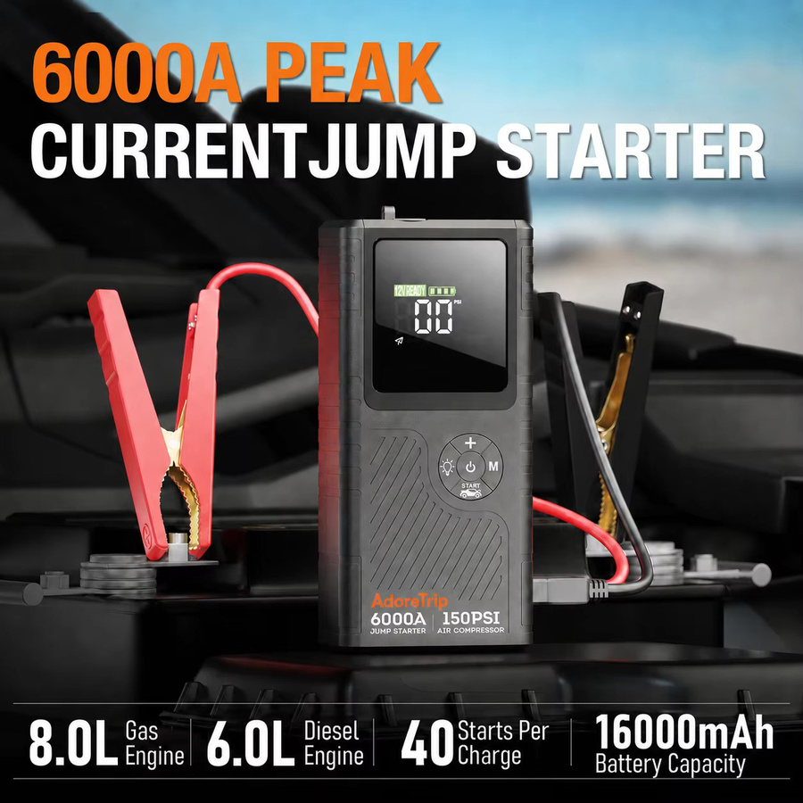AdoreTrip Auto Starthilfe Powerbank 16000mAh mit Luftkompressor, 6000A Batterie Booster für PKW und SUV, Schwarz - Bild 2