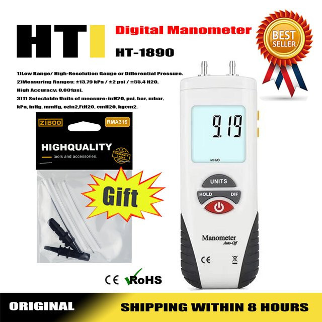 HTI HT-1890 Digitales Hand-Manometer mit Dual-Port und Data-Hold Funktion in Weiß - Bild 1