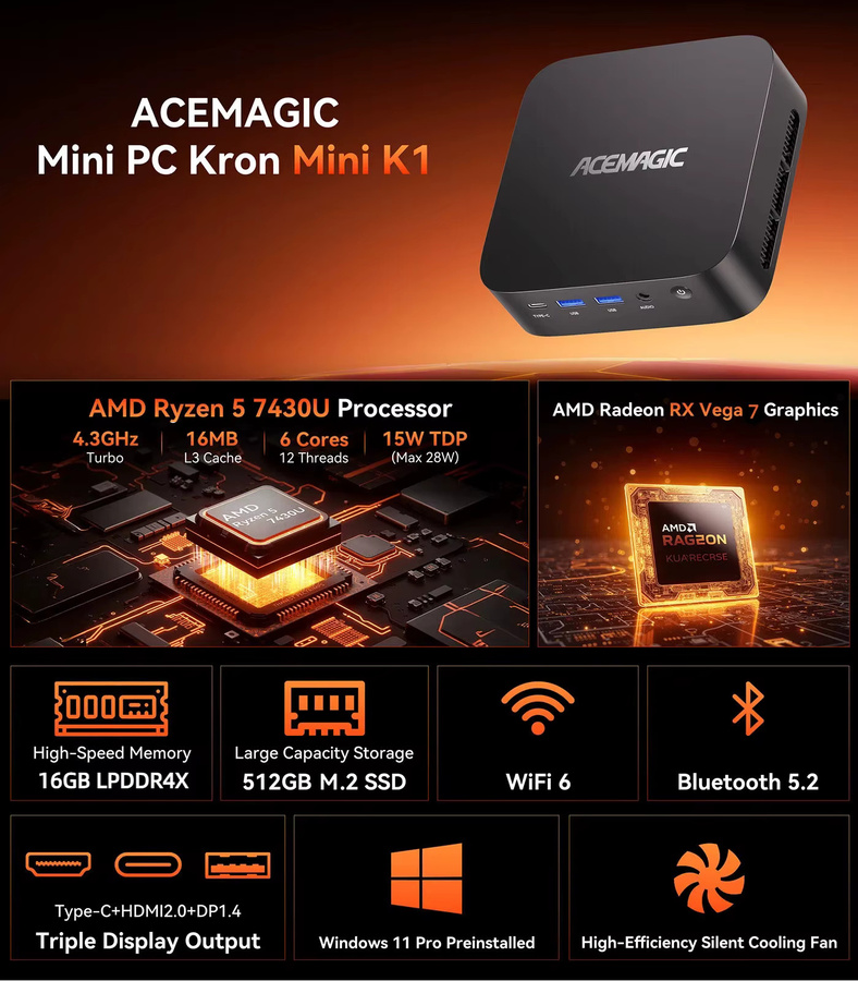 ACEMAGIC Mini PC mit AMD Ryzen 5 7430U oder Ryzen 7 7730U, 16GB LPDDR4X, 512GB SSD, Windows 11 Pro, WLAN 6, Triple-Display, Schwarz - Bild 2