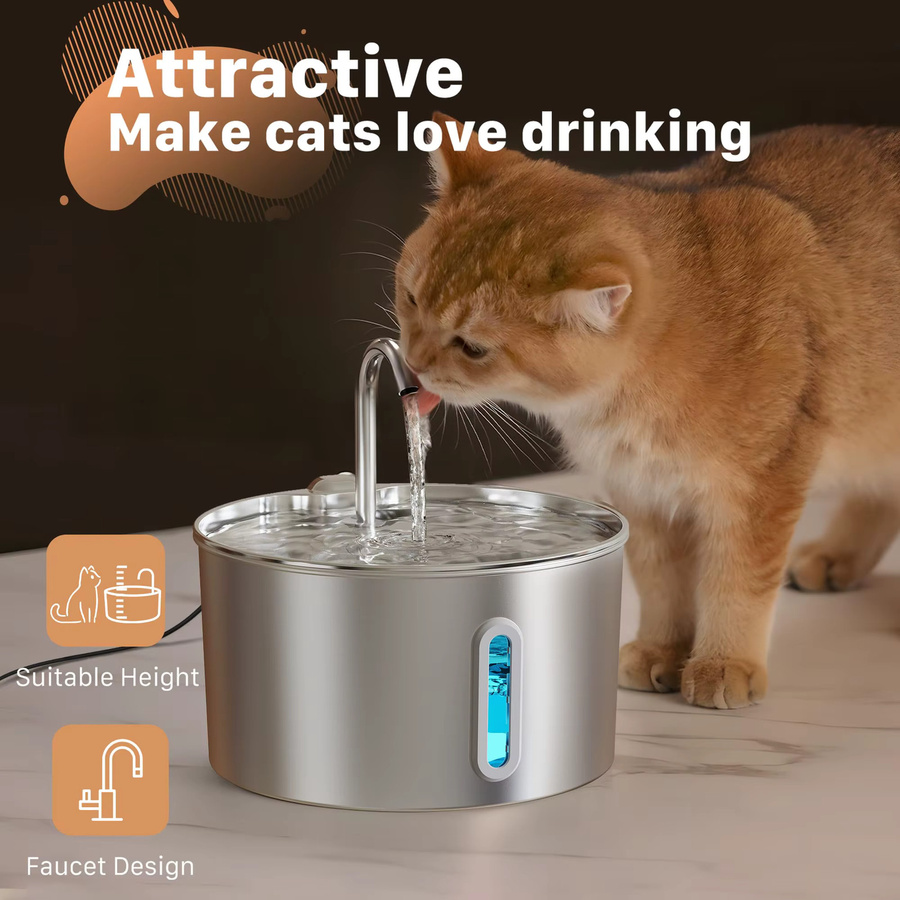 ZYFeeder Automatischer Wasserbrunnen aus Edelstahl in Silber, 2,2 l Haustier-Wasserspender für Katzen und Hunde, geräuschlos mit Sichtfenster - Bild 2