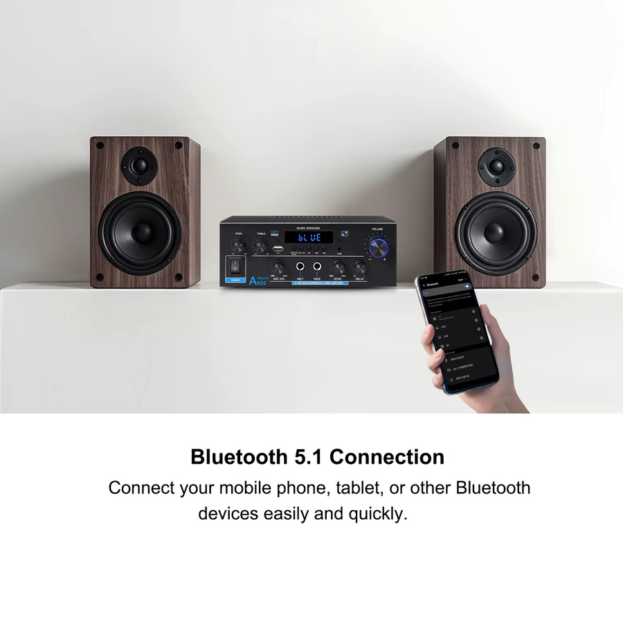 Woopker AK55 Digitalverstärker in Schwarz mit Bluetooth, USB, SD und FM-Radio für Hifi-Heimkino-Systeme - Bild 2